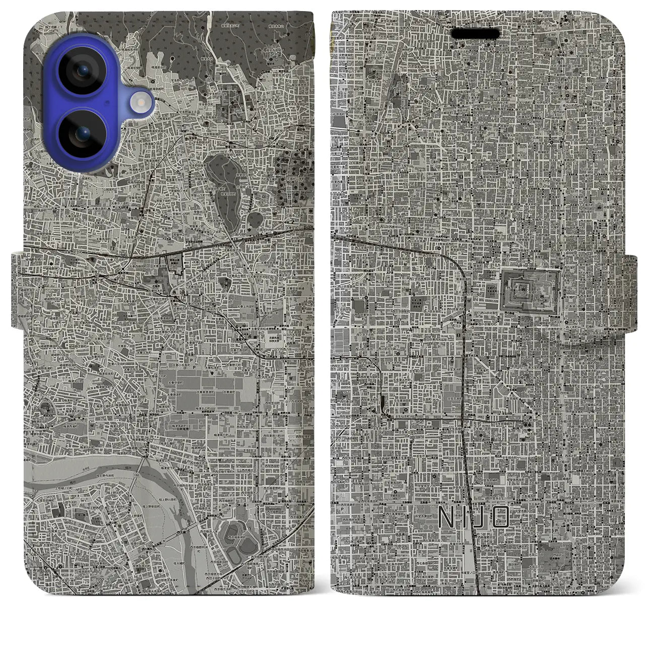 【二条(京都府)】地図柄iPhoneケース(手帳タイプ)モノトーン・iPhone 16 Pro Max 用