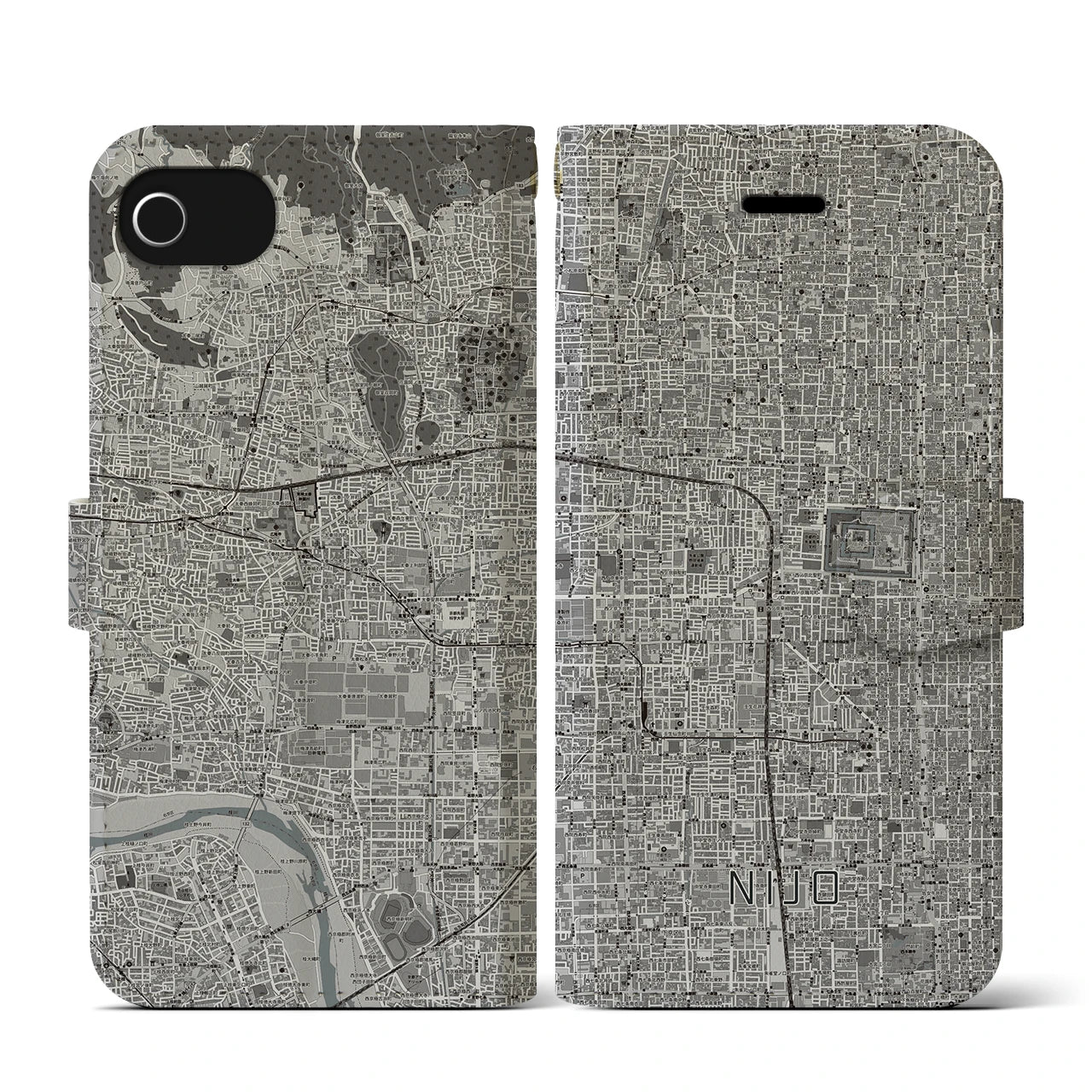 【二条(京都府)】地図柄iPhoneケース(手帳タイプ)モノトーン・iPhone SE(第3 / 第2世代) / 8 / 7 / 6s / 6 用
