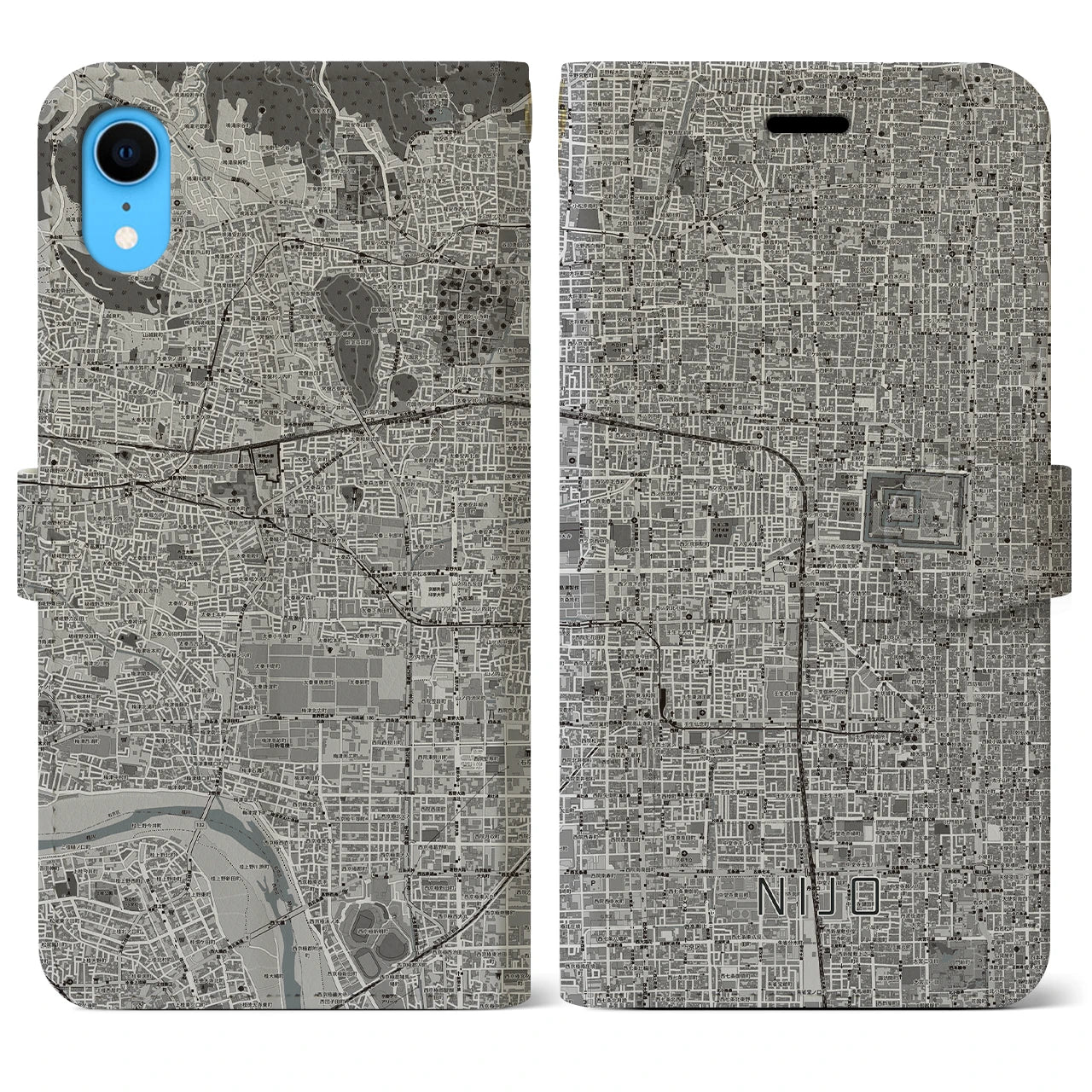 【二条(京都府)】地図柄iPhoneケース(手帳タイプ)モノトーン・iPhone XR 用