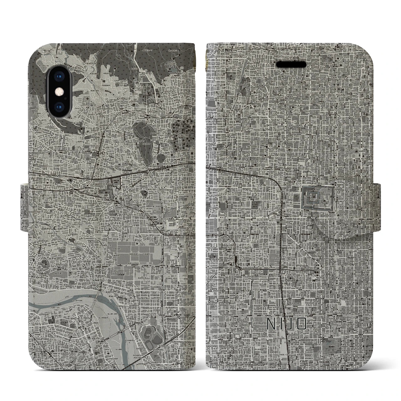 【二条(京都府)】地図柄iPhoneケース(手帳タイプ)モノトーン・iPhone XS / X 用