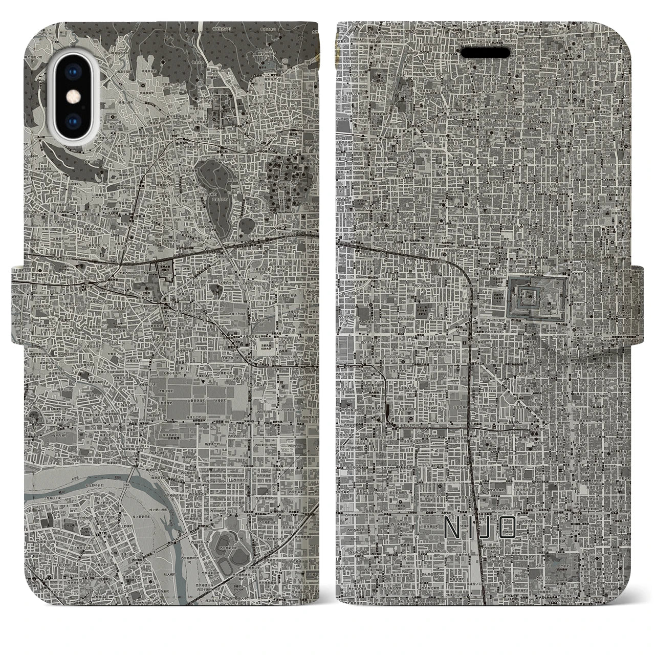 【二条(京都府)】地図柄iPhoneケース(手帳タイプ)モノトーン・iPhone XS Max 用