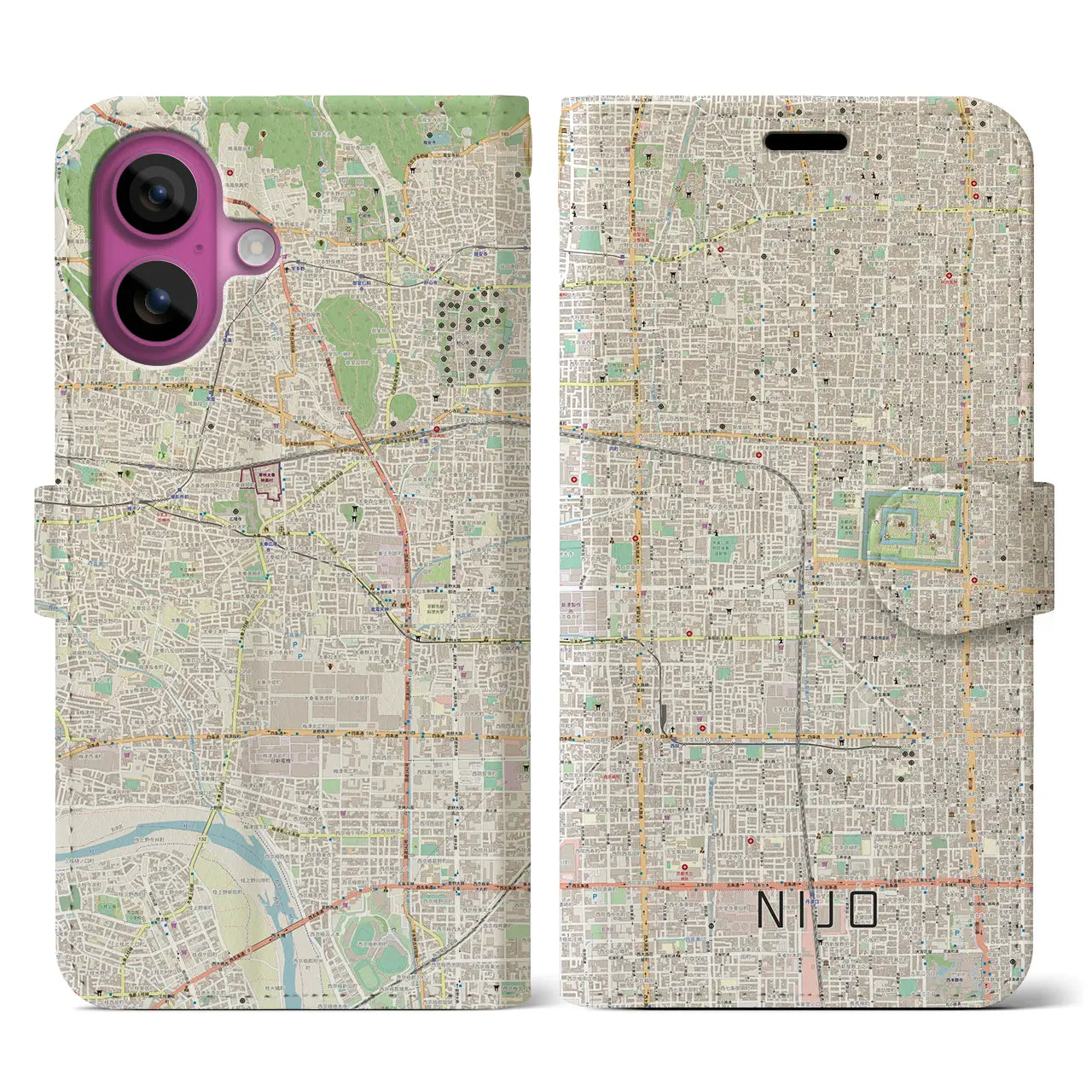 【二条(京都府)】地図柄iPhoneケース(手帳タイプ)ナチュラル・iPhone 16 Pro 用