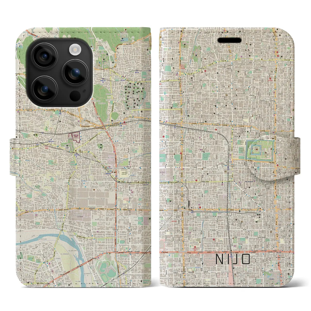 【二条(京都府)】地図柄iPhoneケース(手帳タイプ)ナチュラル・iPhone 16 用