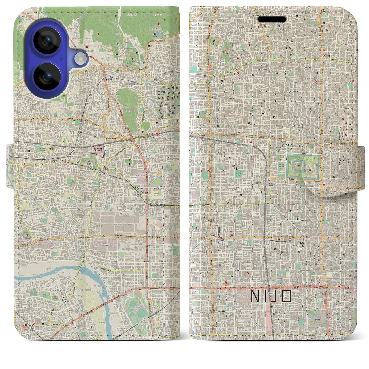 【二条(京都府)】地図柄iPhoneケース(手帳タイプ)ナチュラル・iPhone 16 Pro Max 用
