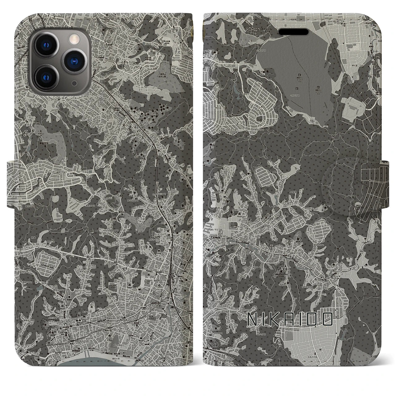 【二階堂(神奈川県)】地図柄iPhoneケース(手帳タイプ)モノトーン・iPhone 11 Pro Max 用