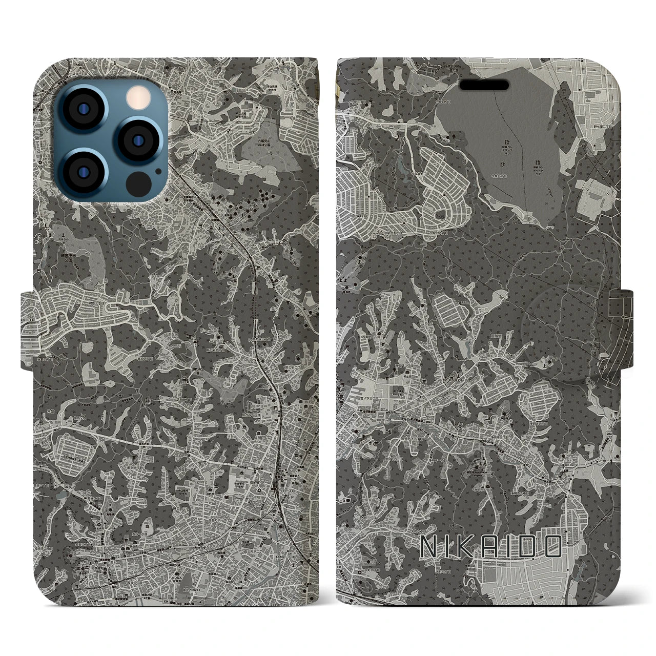 【二階堂(神奈川県)】地図柄iPhoneケース(手帳タイプ)モノトーン・iPhone 12 / 12 Pro 用