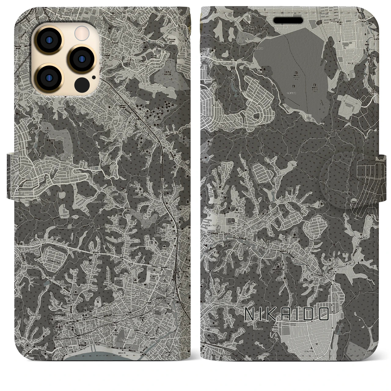 【二階堂(神奈川県)】地図柄iPhoneケース(手帳タイプ)モノトーン・iPhone 12 Pro Max 用