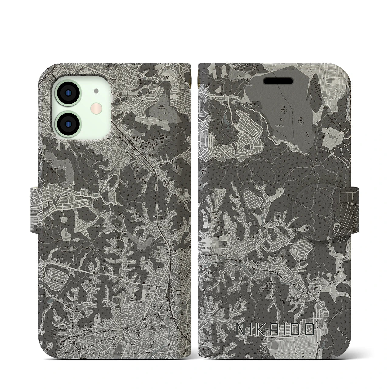 【二階堂(神奈川県)】地図柄iPhoneケース(手帳タイプ)モノトーン・iPhone 12 mini 用