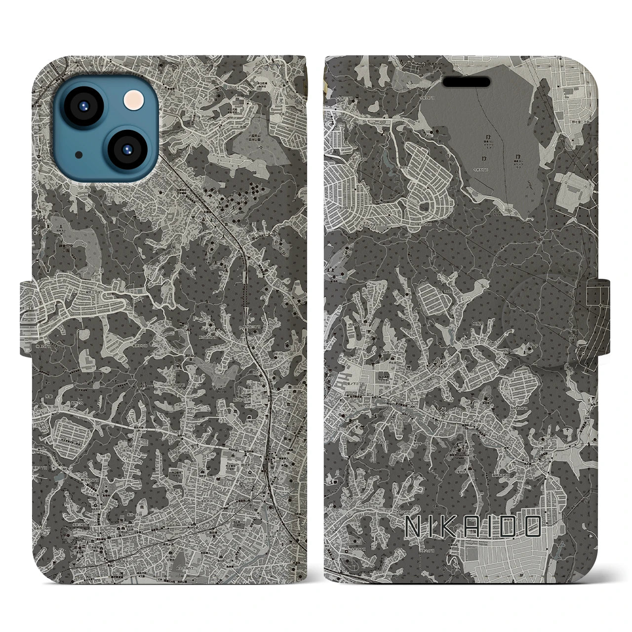 【二階堂(神奈川県)】地図柄iPhoneケース(手帳タイプ)モノトーン・iPhone 13 用