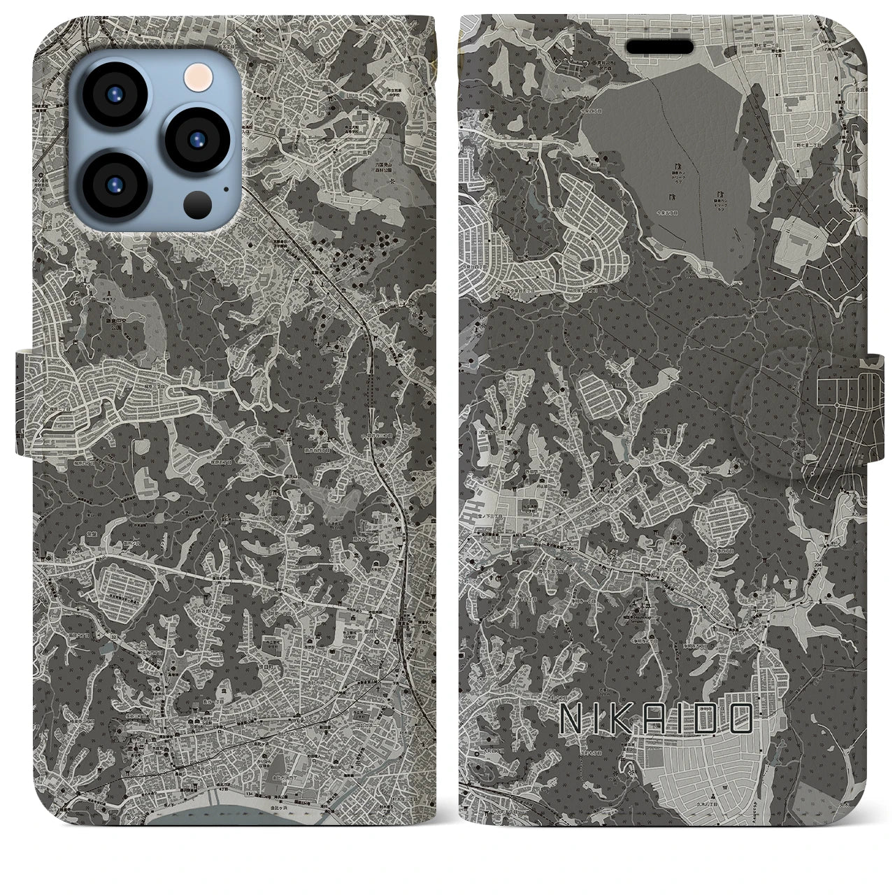 【二階堂(神奈川県)】地図柄iPhoneケース(手帳タイプ)モノトーン・iPhone 13 Pro Max 用