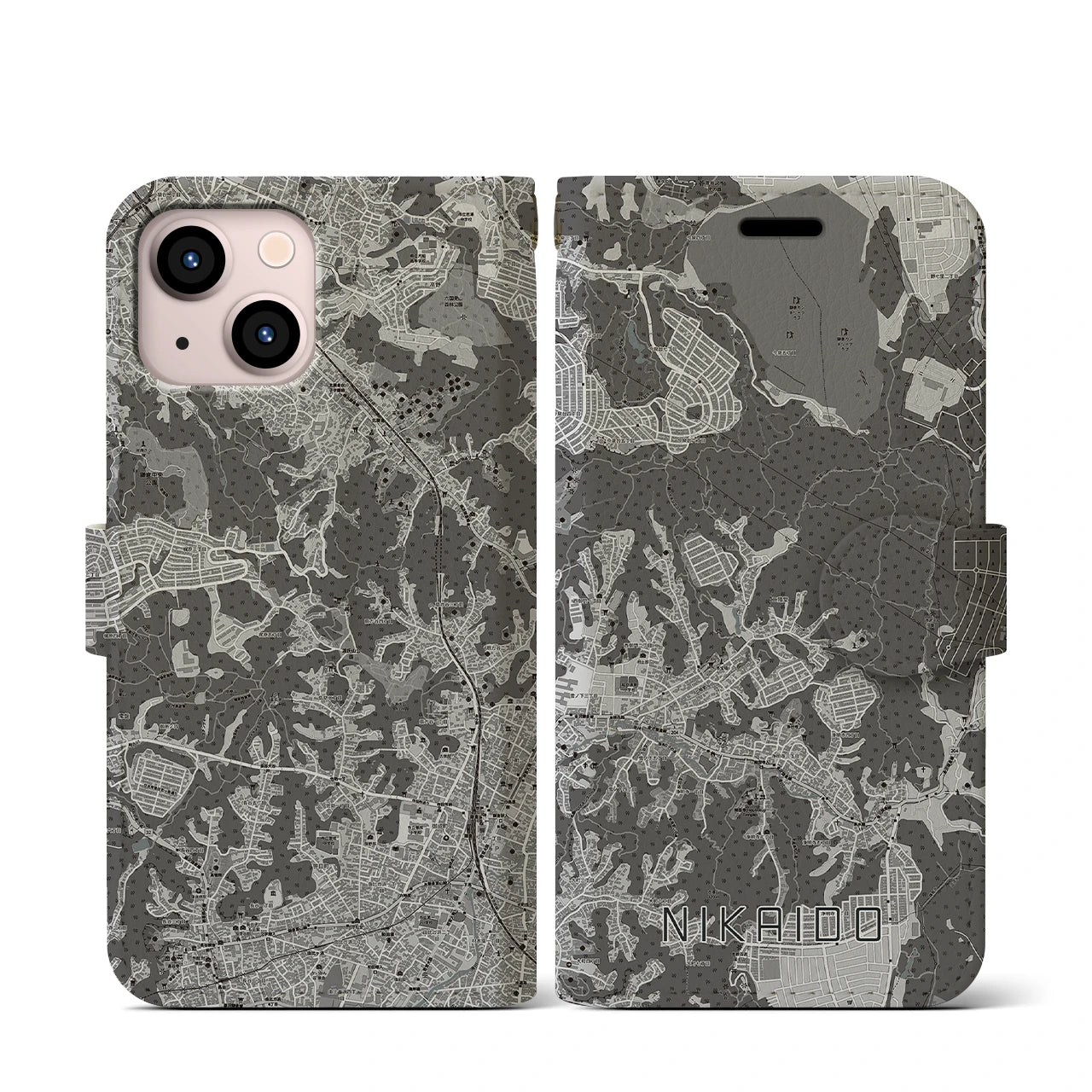【二階堂(神奈川県)】地図柄iPhoneケース(手帳タイプ)モノトーン・iPhone 13 mini 用