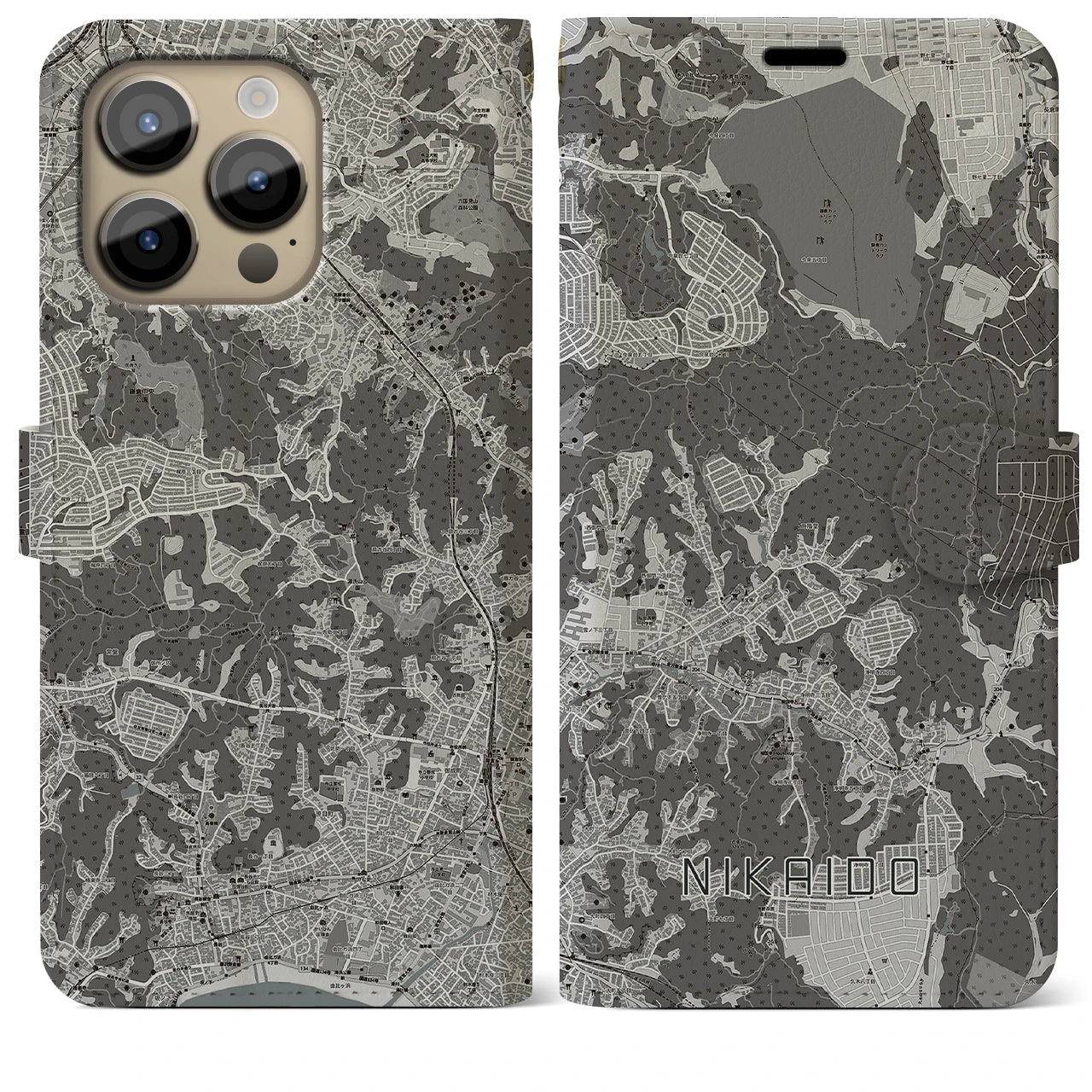 【二階堂(神奈川県)】地図柄iPhoneケース(手帳タイプ)モノトーン・iPhone 14 Pro Max 用