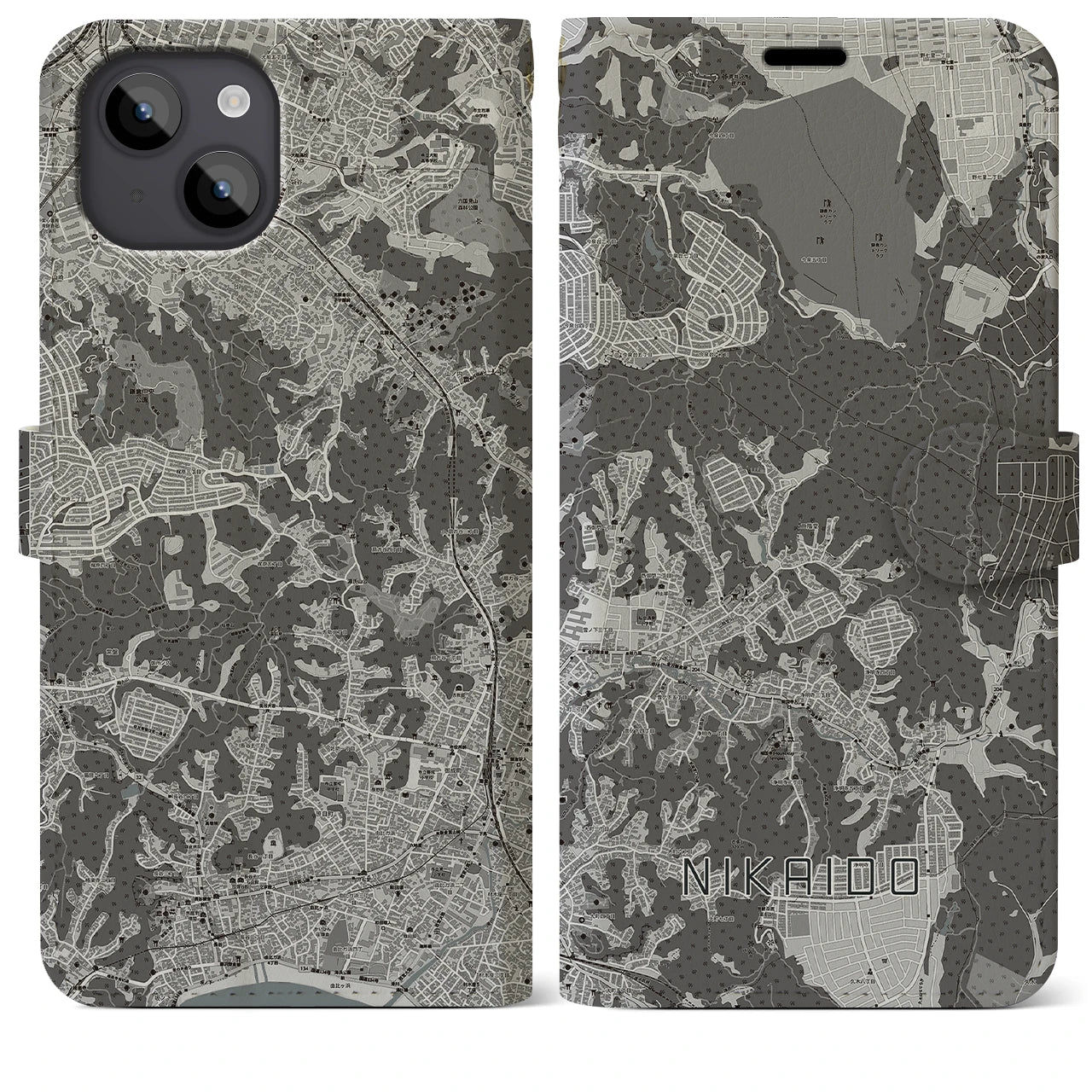 【二階堂(神奈川県)】地図柄iPhoneケース(手帳タイプ)モノトーン・iPhone 14 Plus 用