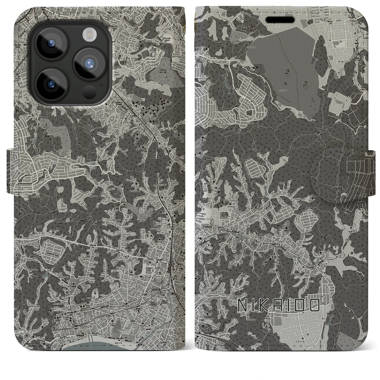 【二階堂(神奈川県)】地図柄iPhoneケース(手帳タイプ)モノトーン・iPhone 15 Pro Max 用