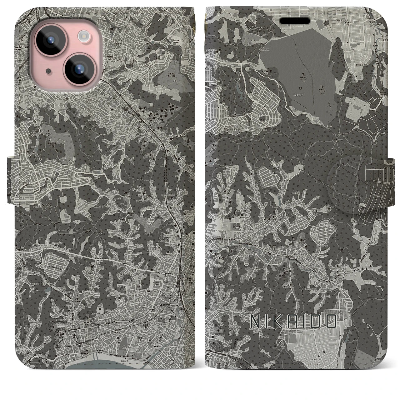 【二階堂(神奈川県)】地図柄iPhoneケース(手帳タイプ)モノトーン・iPhone 15 Plus 用