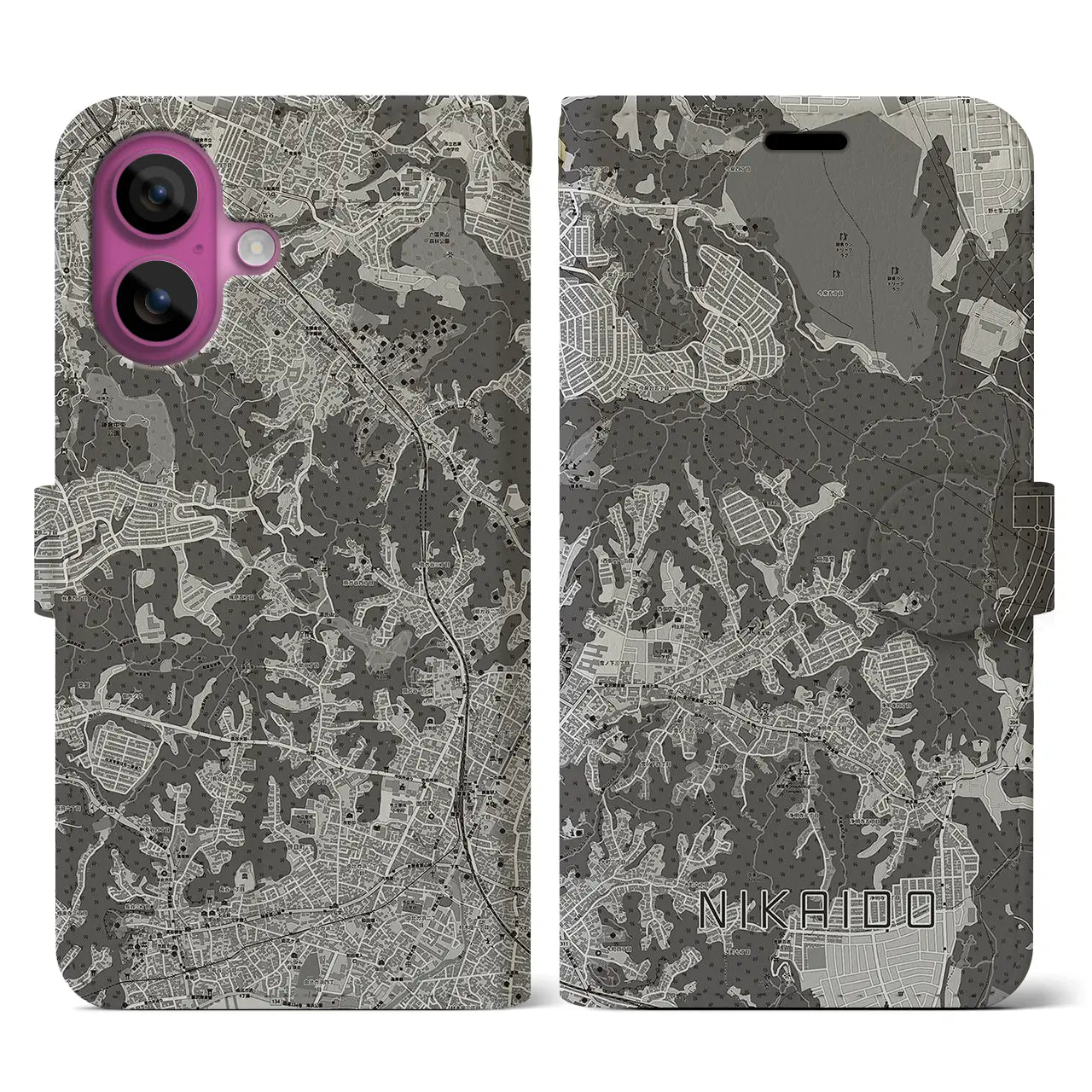 【二階堂(神奈川県)】地図柄iPhoneケース(手帳タイプ)モノトーン・iPhone 16 Pro 用