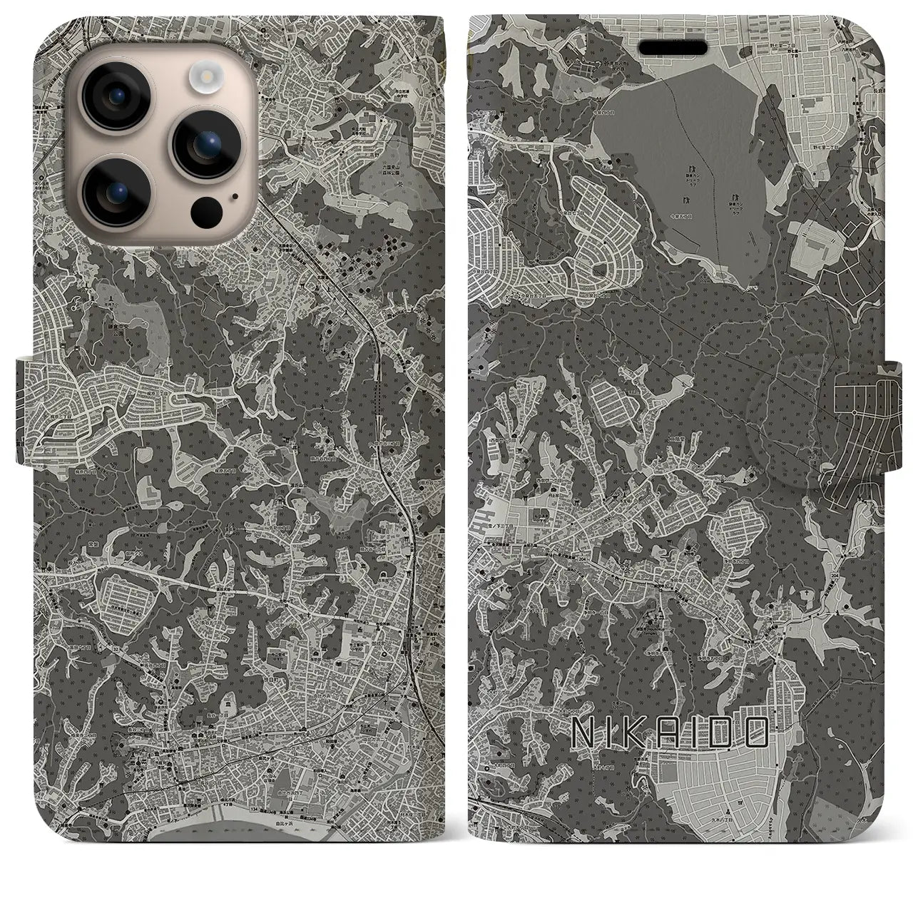 【二階堂(神奈川県)】地図柄iPhoneケース(手帳タイプ)モノトーン・iPhone 16 Plus 用