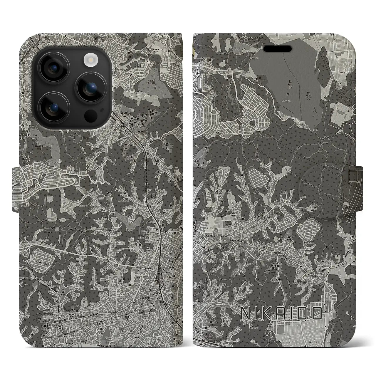 【二階堂(神奈川県)】地図柄iPhoneケース(手帳タイプ)モノトーン・iPhone 16 用