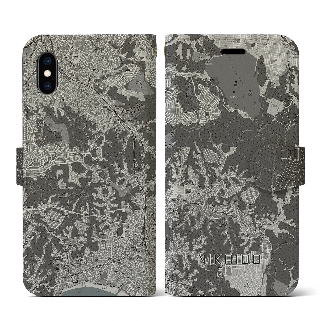【二階堂(神奈川県)】地図柄iPhoneケース(手帳タイプ)モノトーン・iPhone XS / X 用