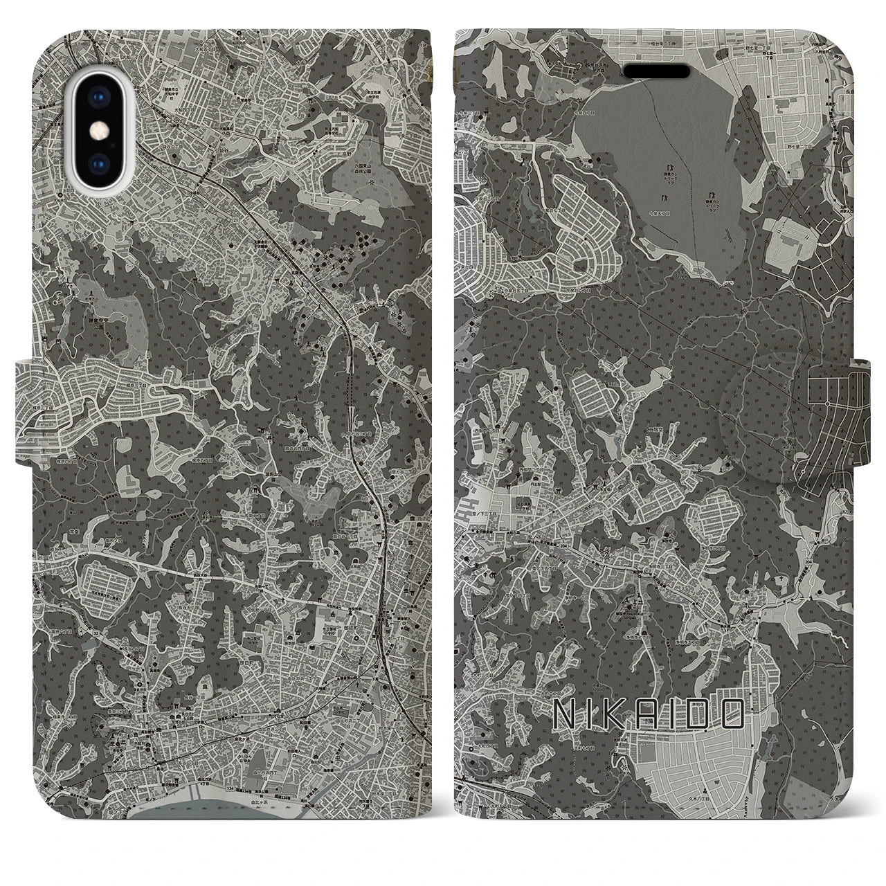 【二階堂(神奈川県)】地図柄iPhoneケース(手帳タイプ)モノトーン・iPhone XS Max 用