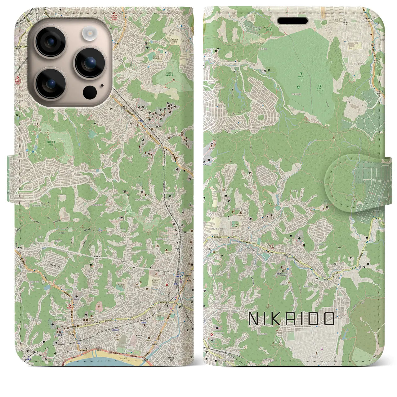【二階堂(神奈川県)】地図柄iPhoneケース(手帳タイプ)ナチュラル・iPhone 16 Plus 用