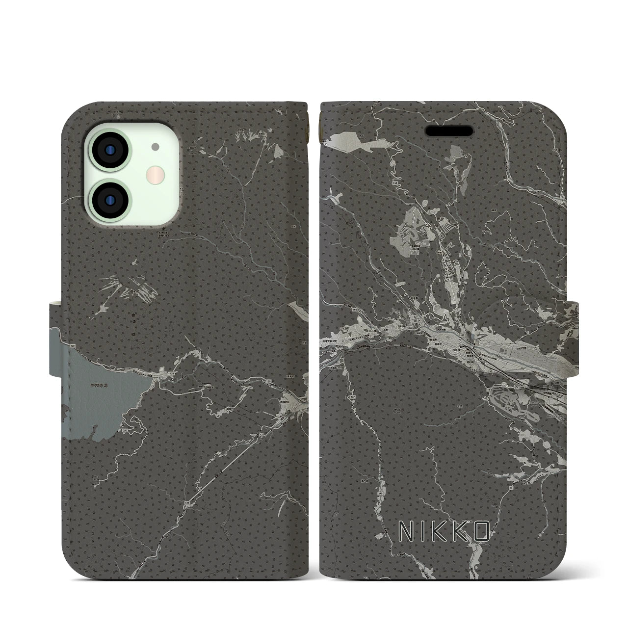 【日光(栃木県)】地図柄iPhoneケース(手帳タイプ)モノトーン・iPhone 12 mini 用