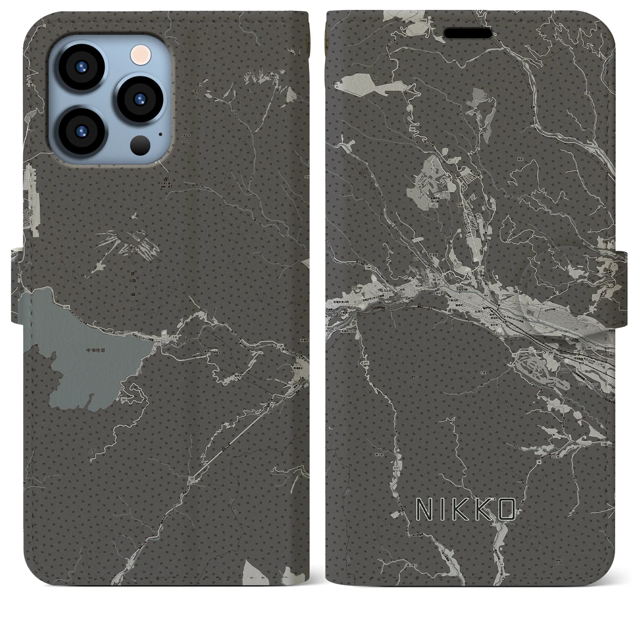 【日光(栃木県)】地図柄iPhoneケース(手帳タイプ)モノトーン・iPhone 13 Pro Max 用