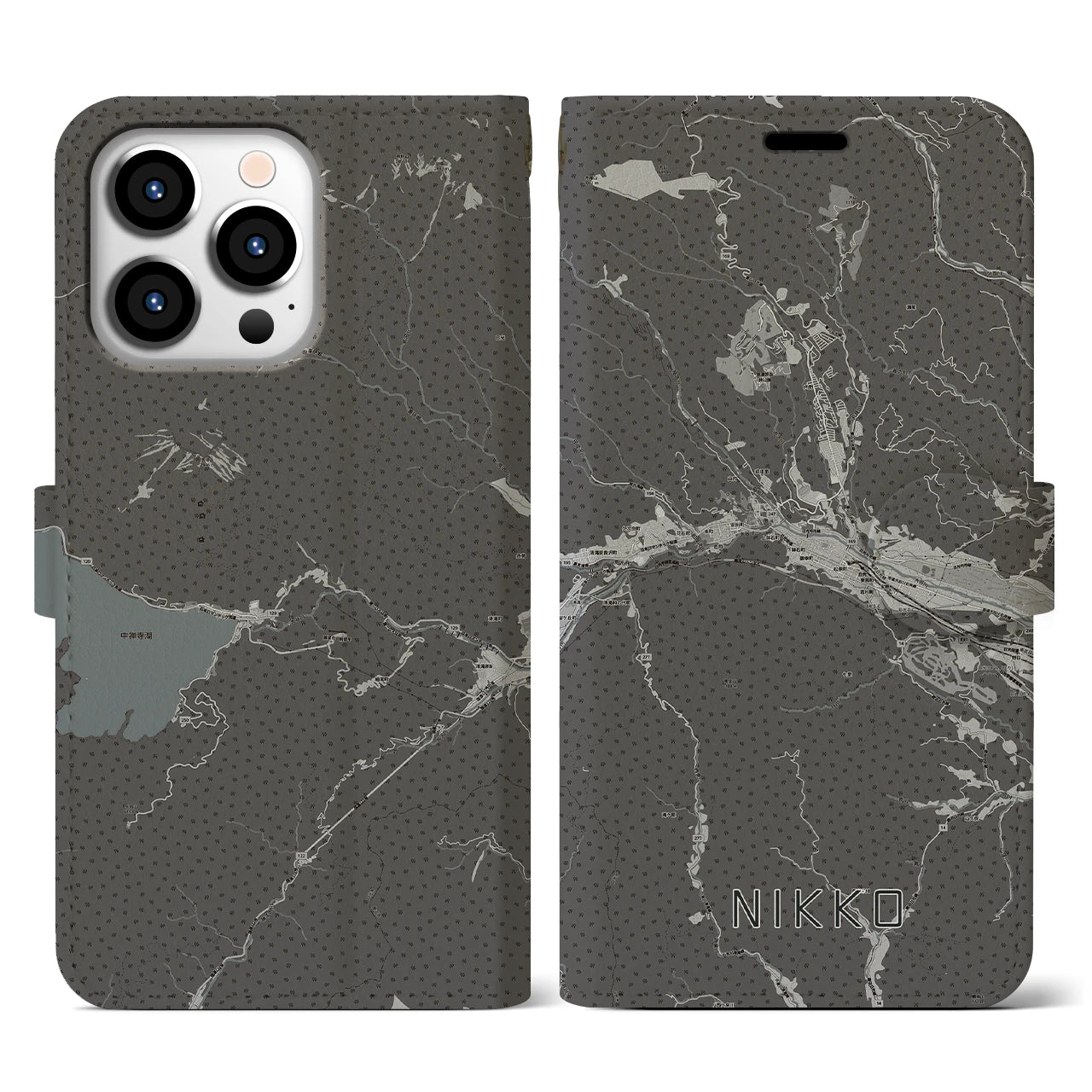 【日光(栃木県)】地図柄iPhoneケース(手帳タイプ)モノトーン・iPhone 13 Pro 用