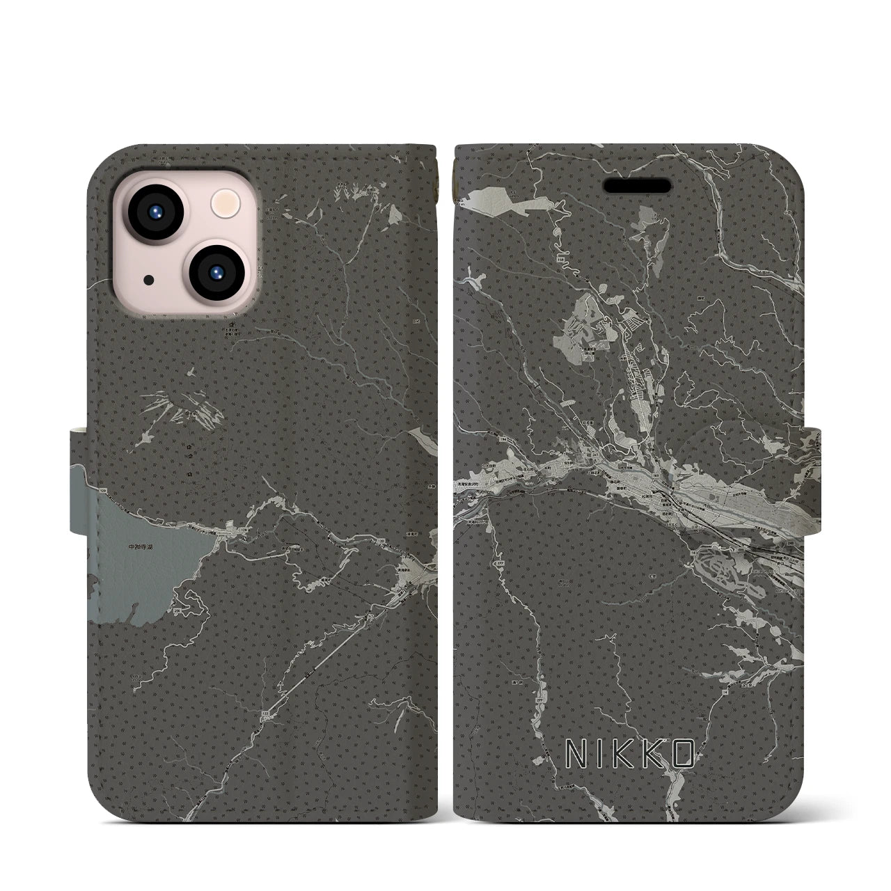 【日光(栃木県)】地図柄iPhoneケース(手帳タイプ)モノトーン・iPhone 13 mini 用
