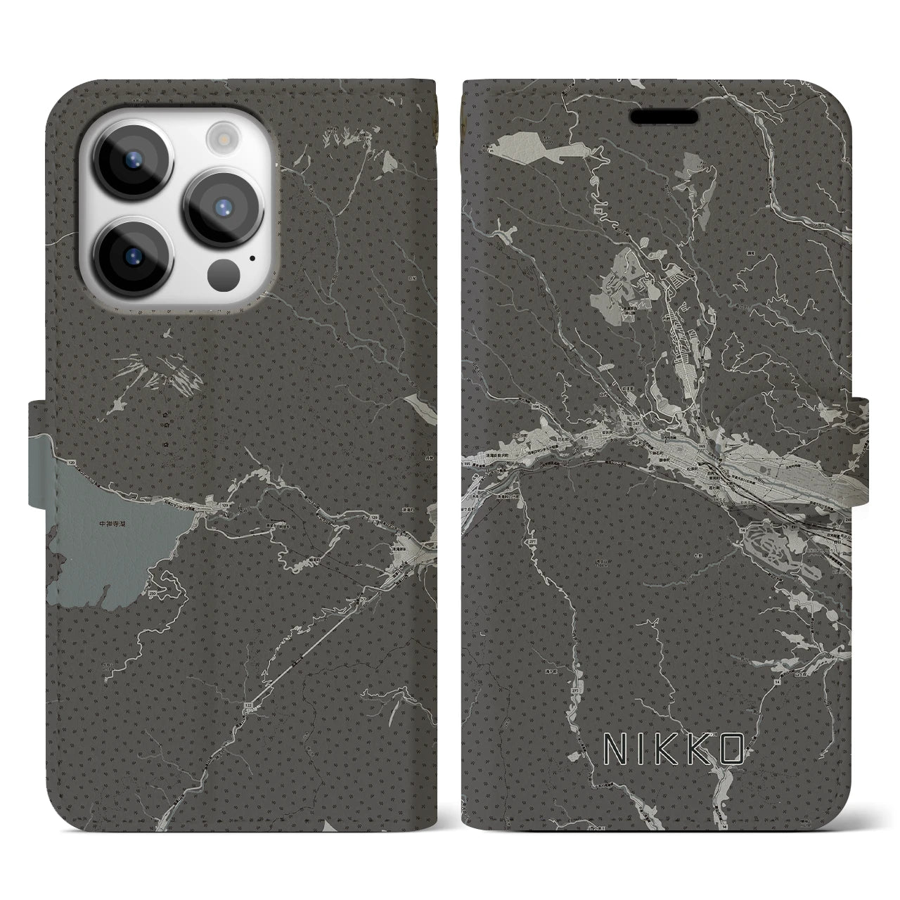 【日光(栃木県)】地図柄iPhoneケース(手帳タイプ)モノトーン・iPhone 14 Pro 用
