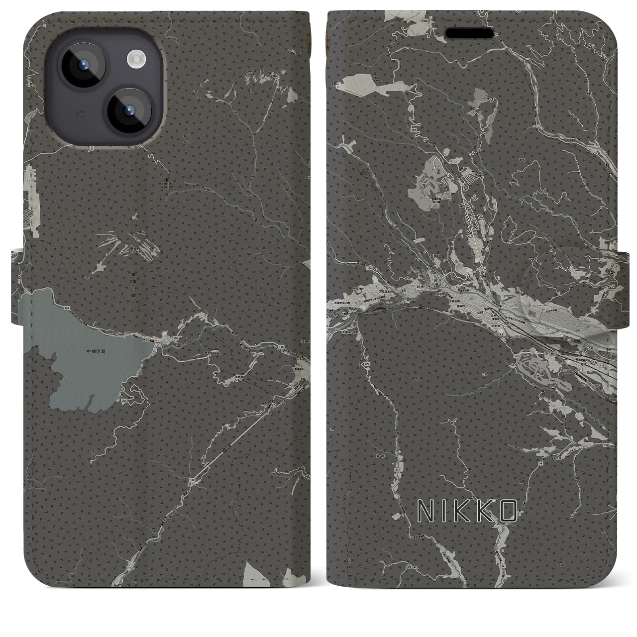 【日光(栃木県)】地図柄iPhoneケース(手帳タイプ)モノトーン・iPhone 14 Plus 用