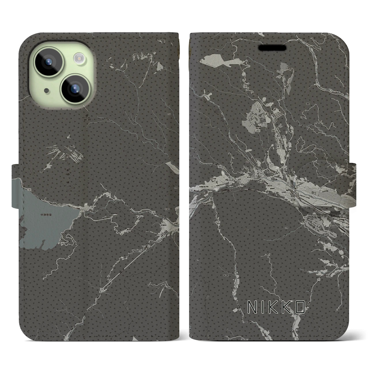 【日光(栃木県)】地図柄iPhoneケース(手帳タイプ)モノトーン・iPhone 15 用