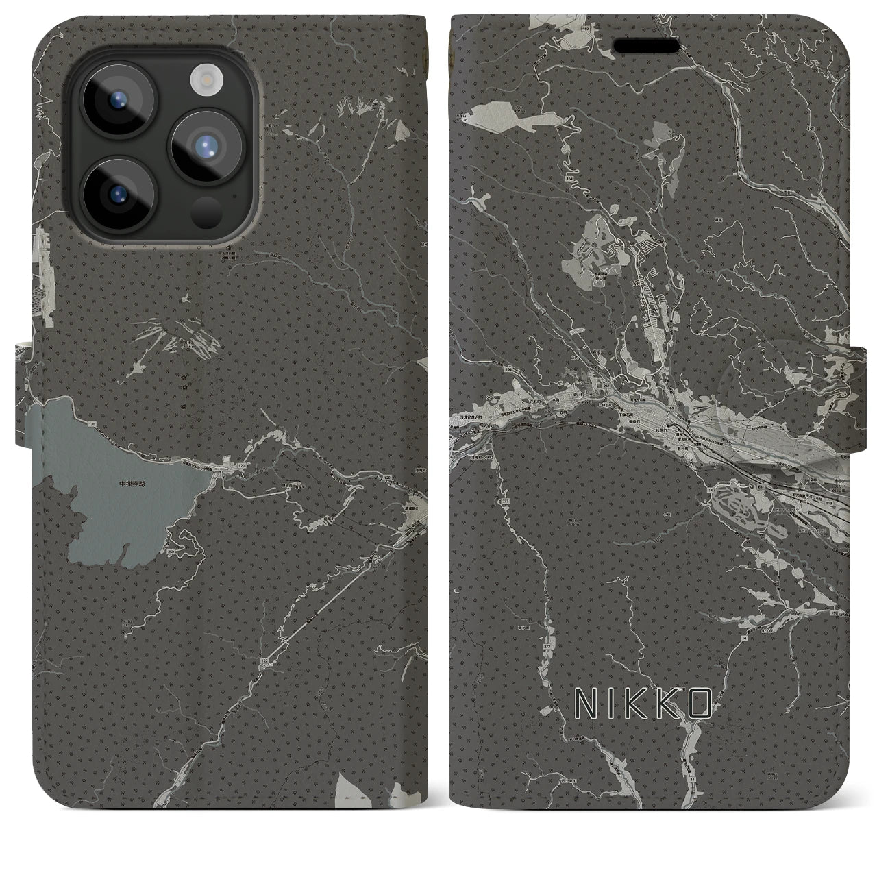 【日光(栃木県)】地図柄iPhoneケース(手帳タイプ)モノトーン・iPhone 15 Pro Max 用