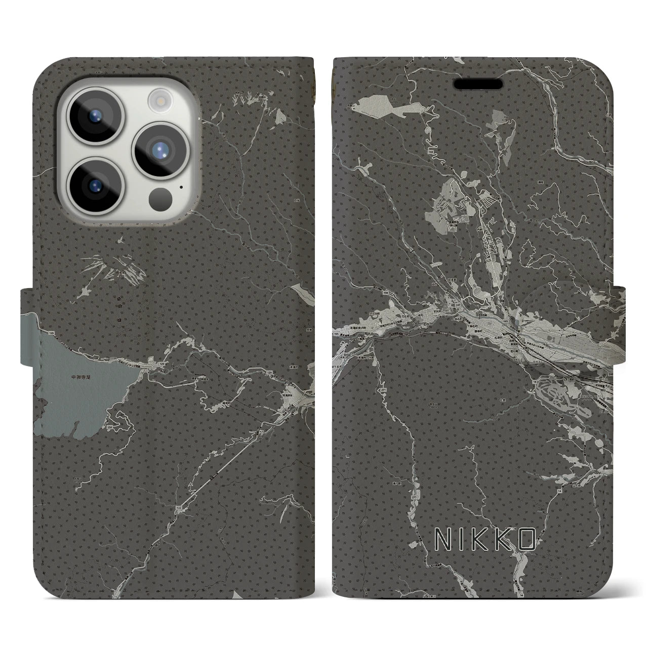 【日光(栃木県)】地図柄iPhoneケース(手帳タイプ)モノトーン・iPhone 15 Pro 用