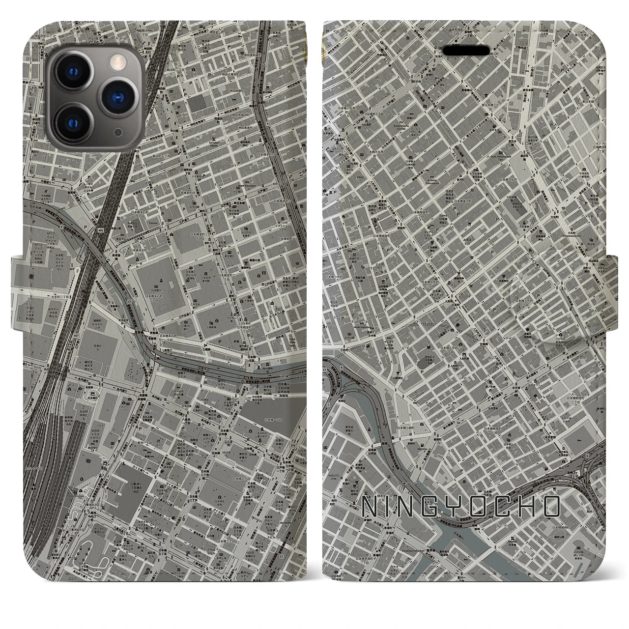 【人形町(東京都)】地図柄iPhoneケース(手帳タイプ)モノトーン・iPhone 11 Pro Max 用