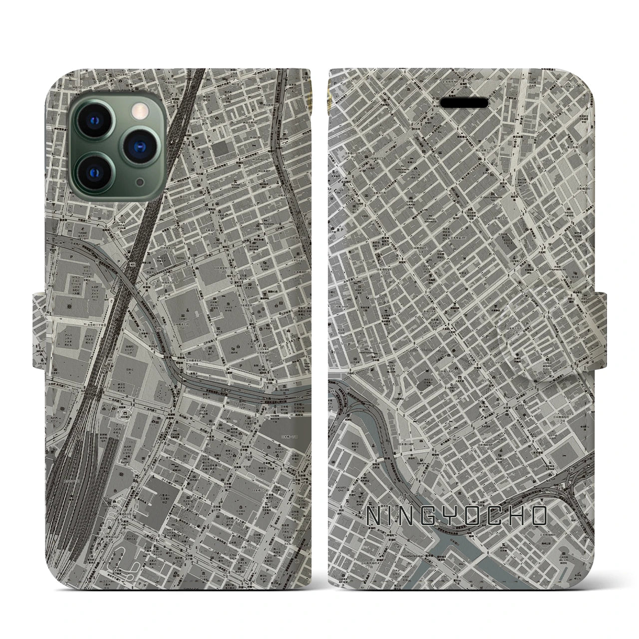 【人形町(東京都)】地図柄iPhoneケース(手帳タイプ)モノトーン・iPhone 11 Pro 用