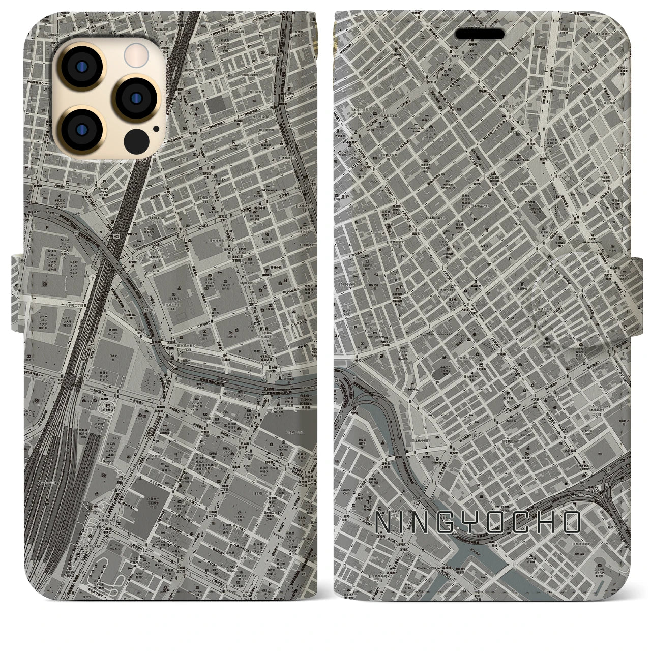 【人形町(東京都)】地図柄iPhoneケース(手帳タイプ)モノトーン・iPhone 12 Pro Max 用