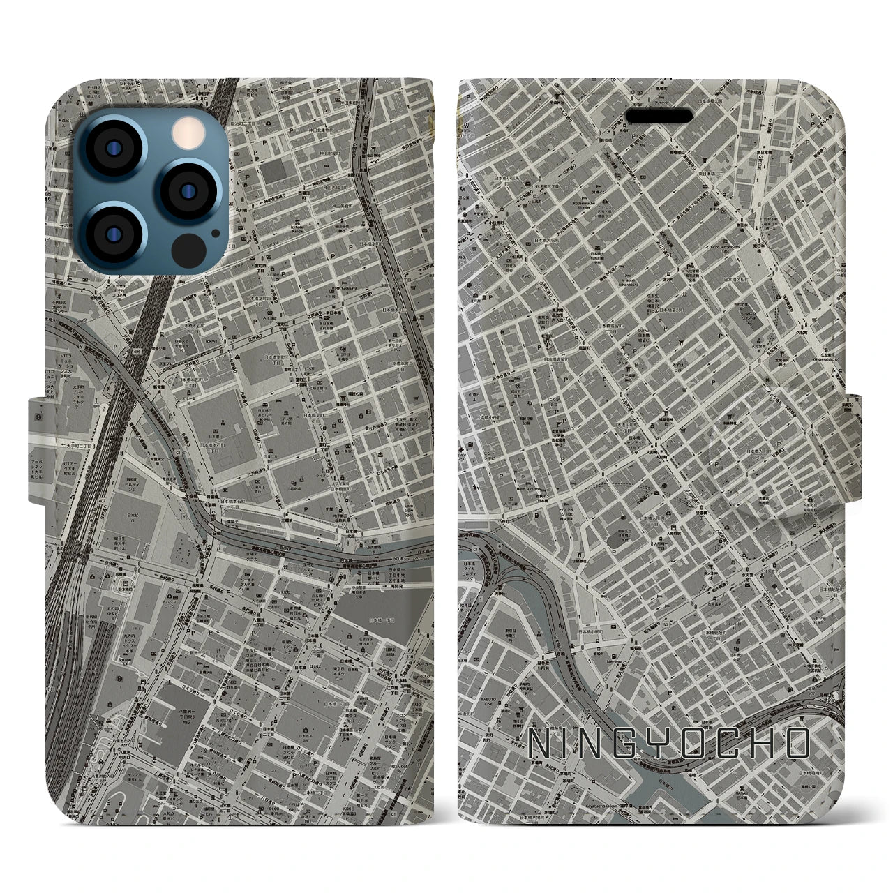 【人形町(東京都)】地図柄iPhoneケース(手帳タイプ)モノトーン・iPhone 12 / 12 Pro 用