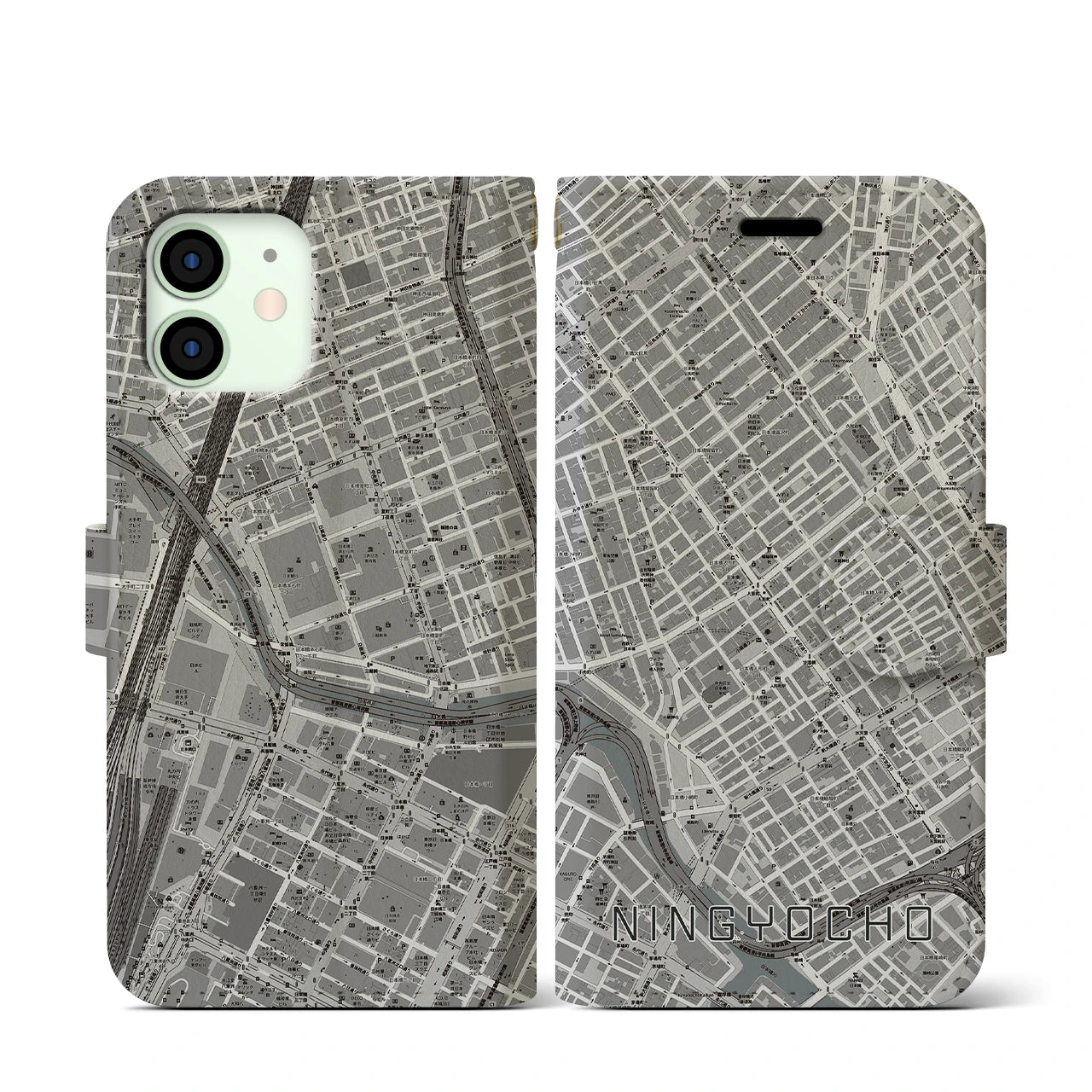 【人形町(東京都)】地図柄iPhoneケース(手帳タイプ)モノトーン・iPhone 12 mini 用