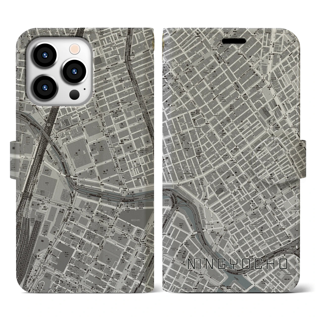 【人形町(東京都)】地図柄iPhoneケース(手帳タイプ)モノトーン・iPhone 13 Pro 用
