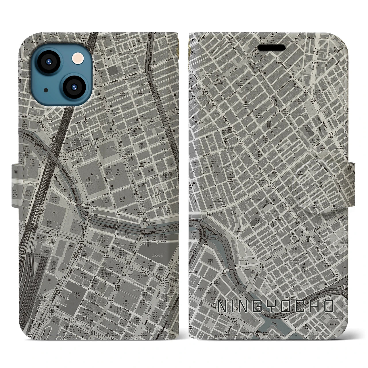 【人形町(東京都)】地図柄iPhoneケース(手帳タイプ)モノトーン・iPhone 13 用