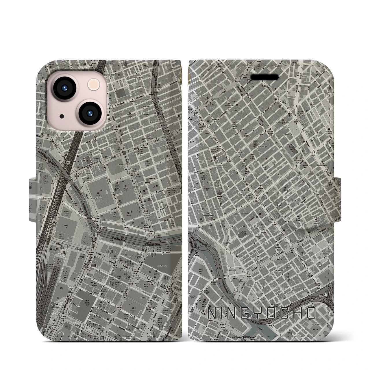 【人形町(東京都)】地図柄iPhoneケース(手帳タイプ)モノトーン・iPhone 13 mini 用