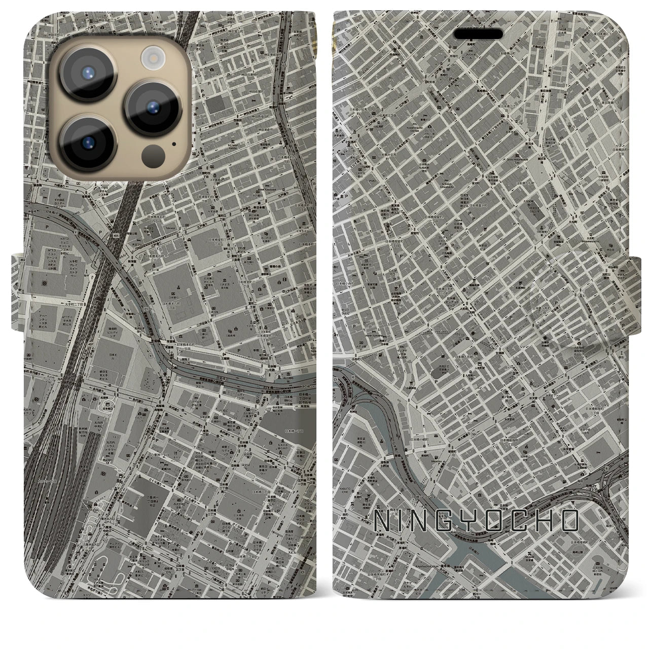 【人形町(東京都)】地図柄iPhoneケース(手帳タイプ)モノトーン・iPhone 14 Pro Max 用
