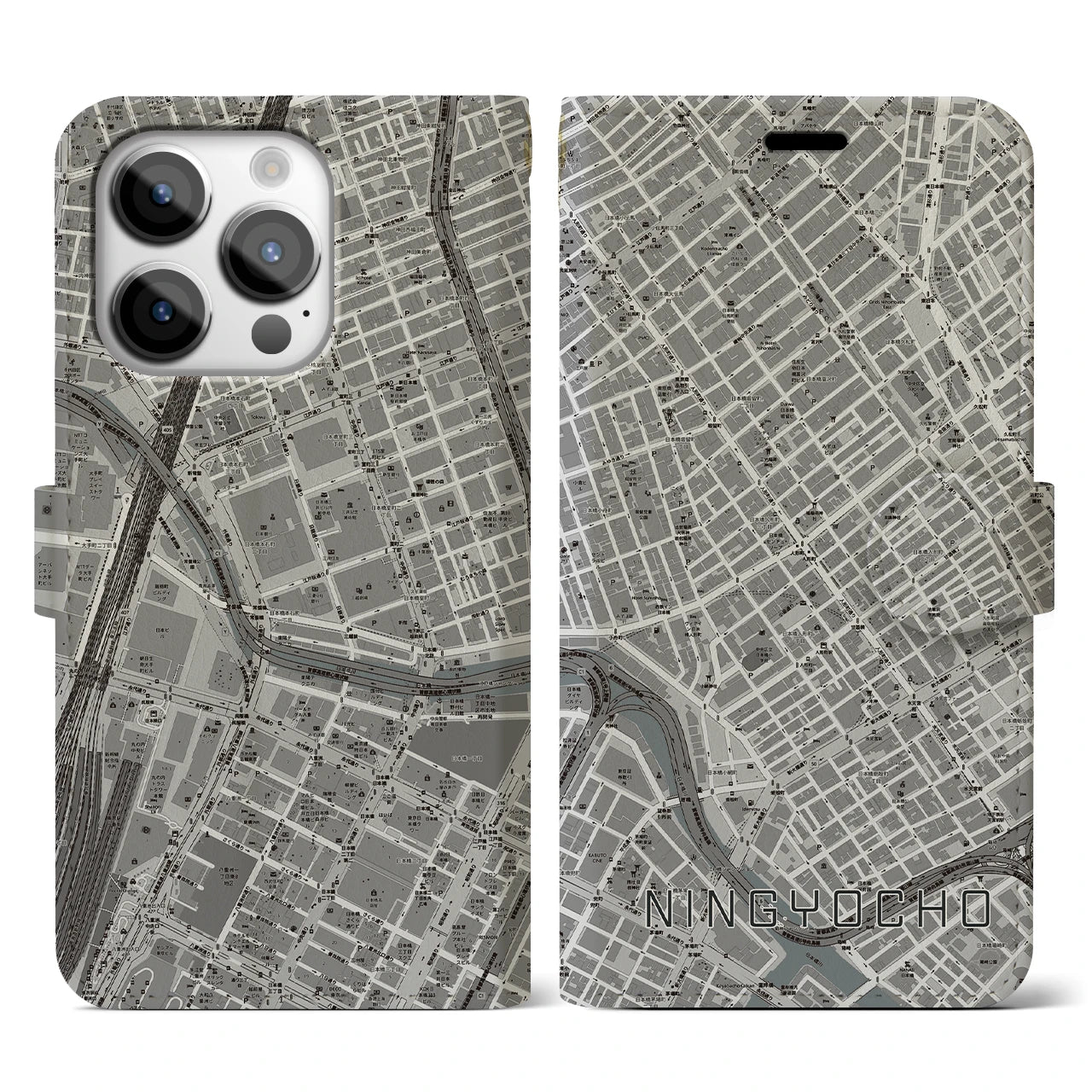 【人形町(東京都)】地図柄iPhoneケース(手帳タイプ)モノトーン・iPhone 14 Pro 用