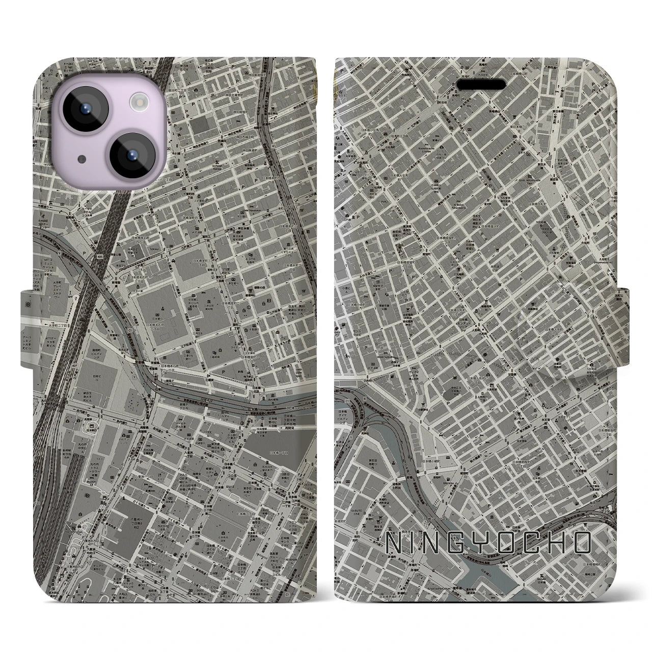 【人形町(東京都)】地図柄iPhoneケース(手帳タイプ)モノトーン・iPhone 14 用