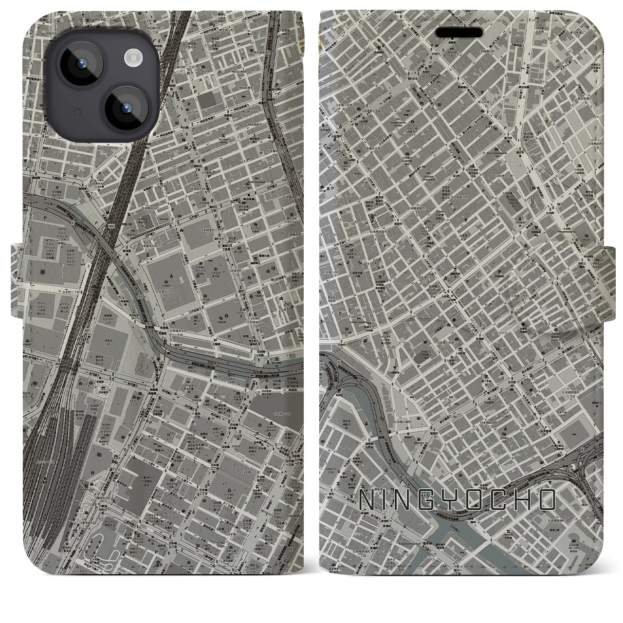 【人形町(東京都)】地図柄iPhoneケース(手帳タイプ)モノトーン・iPhone 14 Plus 用
