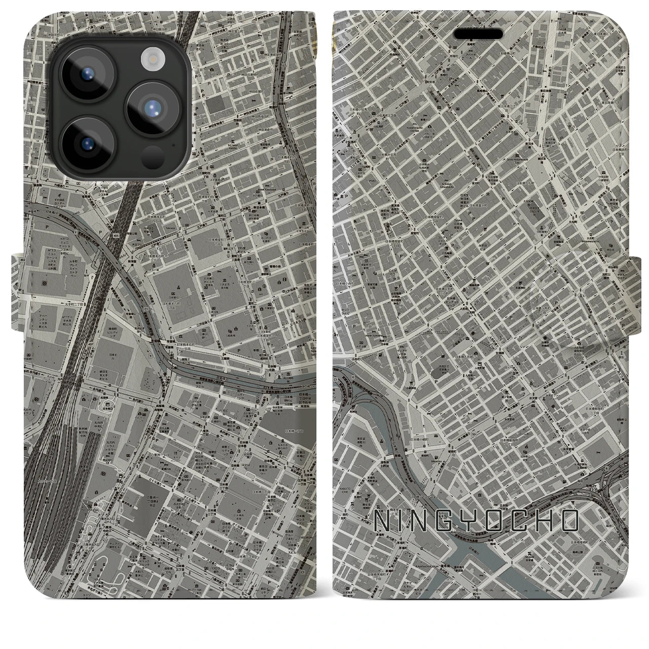 【人形町(東京都)】地図柄iPhoneケース(手帳タイプ)モノトーン・iPhone 15 Pro Max 用