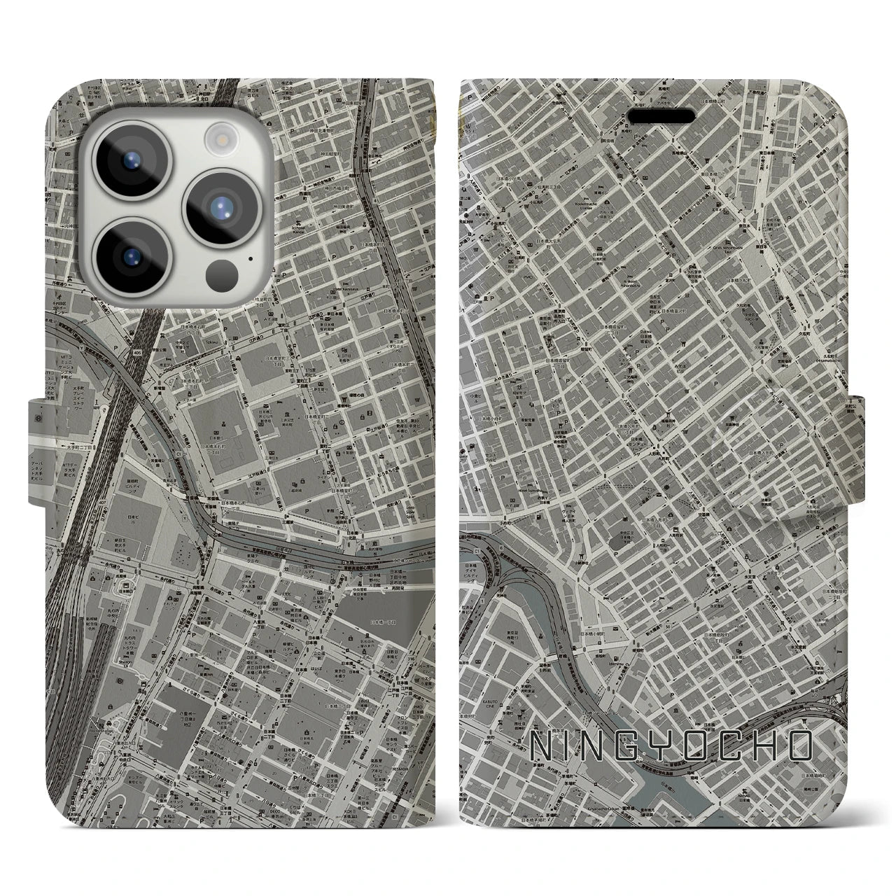 【人形町(東京都)】地図柄iPhoneケース(手帳タイプ)モノトーン・iPhone 15 Pro 用