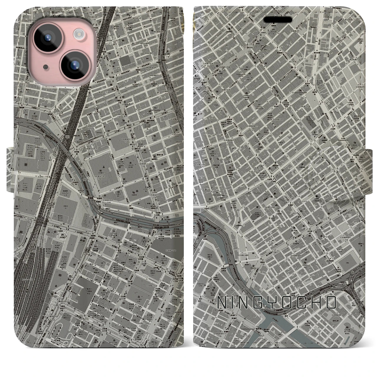 【人形町(東京都)】地図柄iPhoneケース(手帳タイプ)モノトーン・iPhone 15 Plus 用