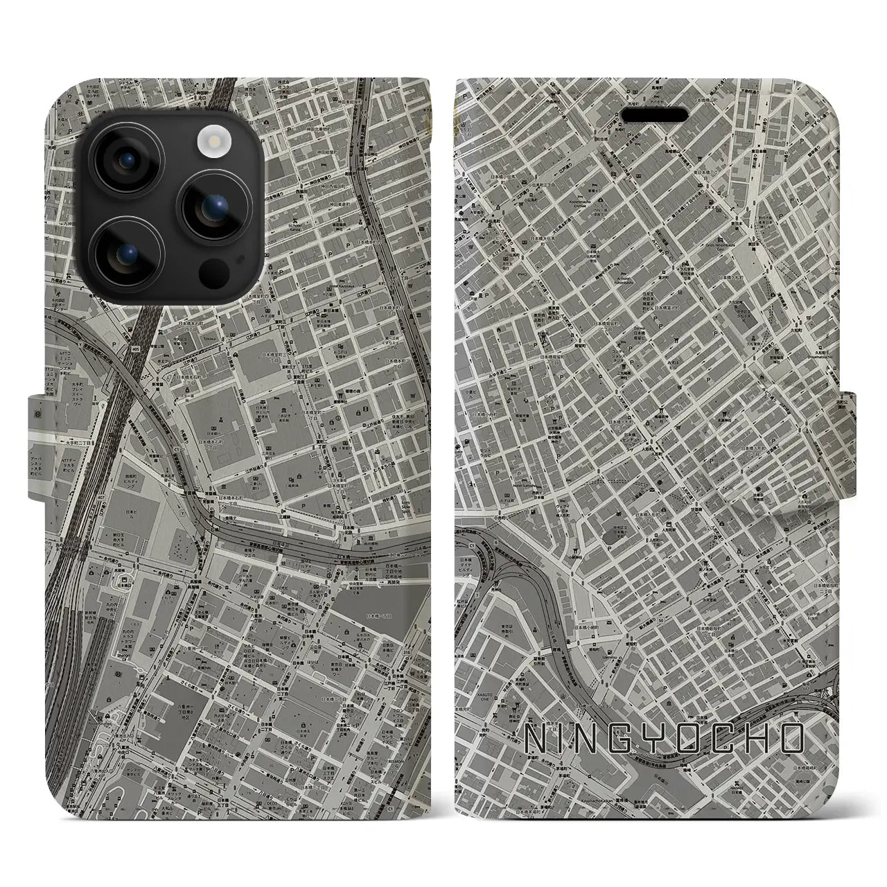 【人形町(東京都)】地図柄iPhoneケース(手帳タイプ)モノトーン・iPhone 16 用